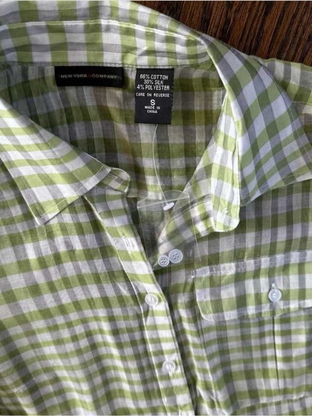 New York & Company Green and White Gingham Button-Down Shirt